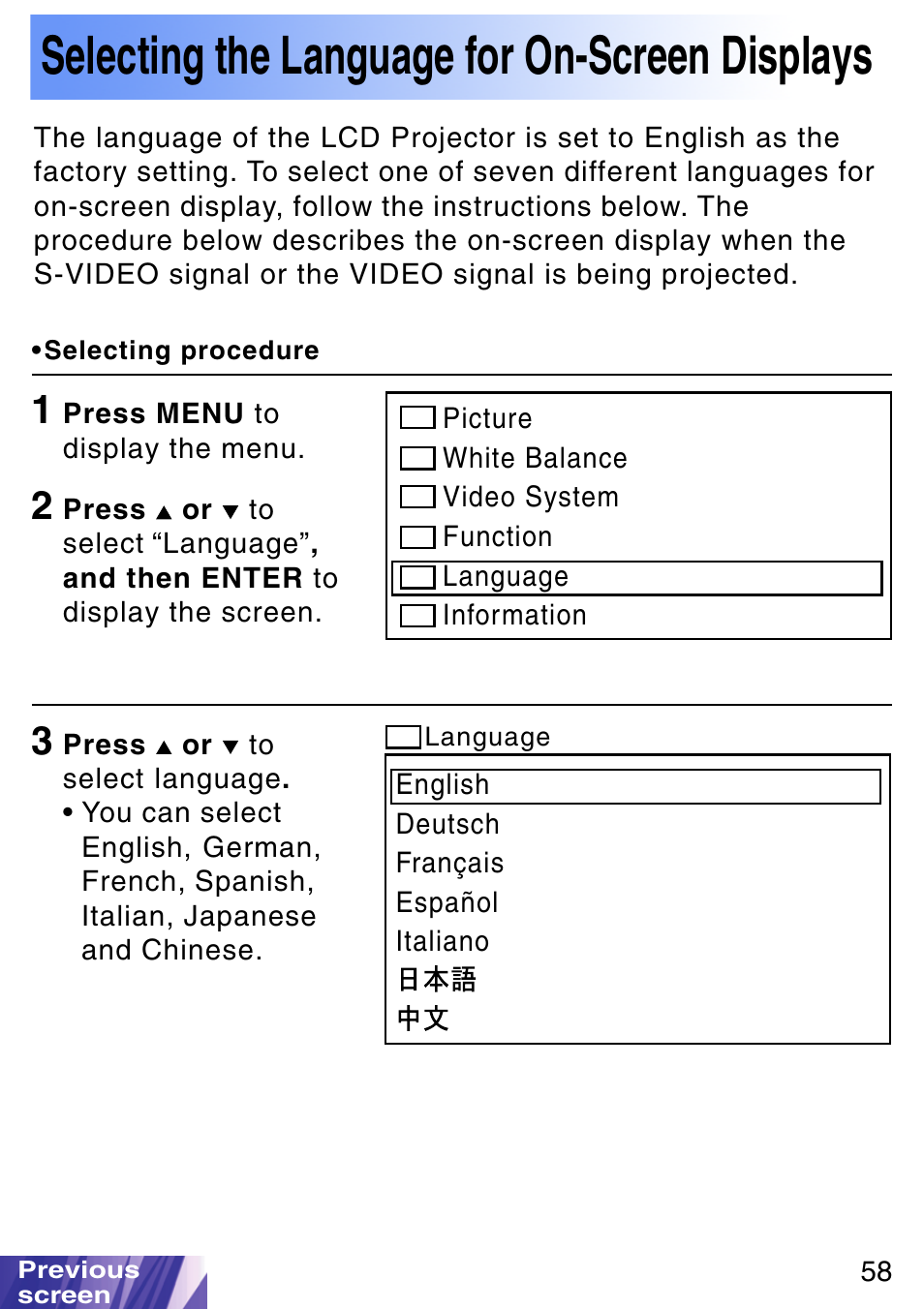 Selecting the language for on-screen displays | JVC LX-P1010ZE User Manual | Page 58 / 79