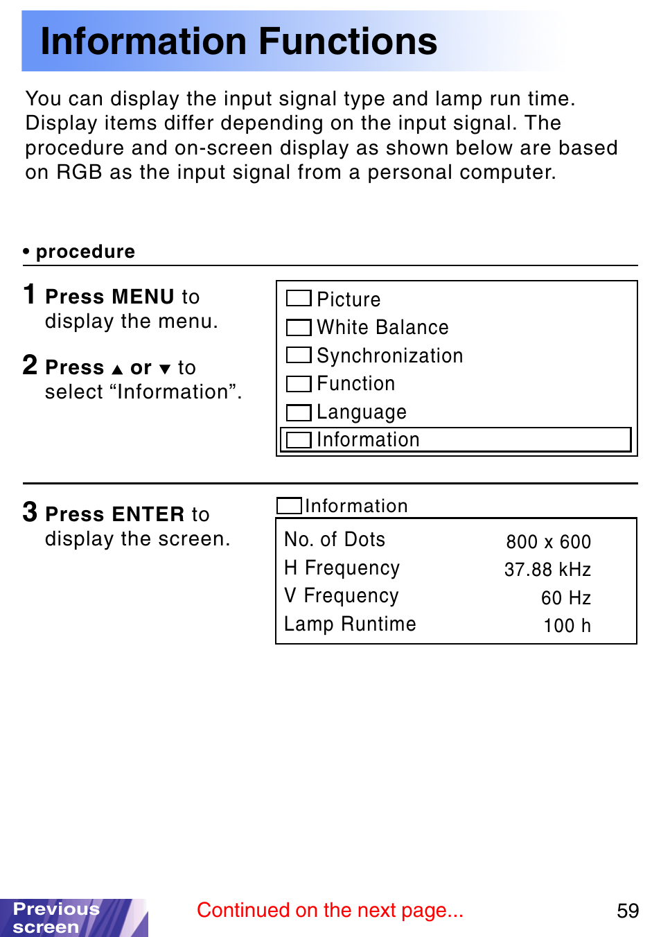 Information functions | JVC LX-P1010ZE User Manual | Page 59 / 79