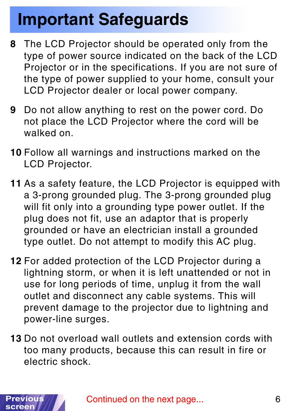 Important safeguards | JVC LX-P1010ZE User Manual | Page 6 / 79