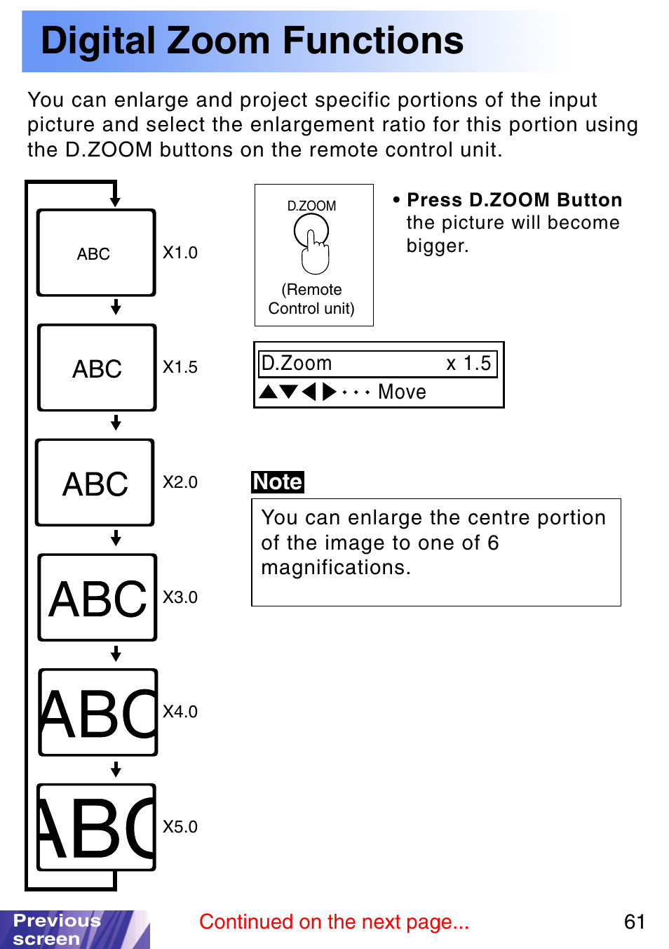 Digital zoom functions, D.zoom button | JVC LX-P1010ZE User Manual | Page 61 / 79