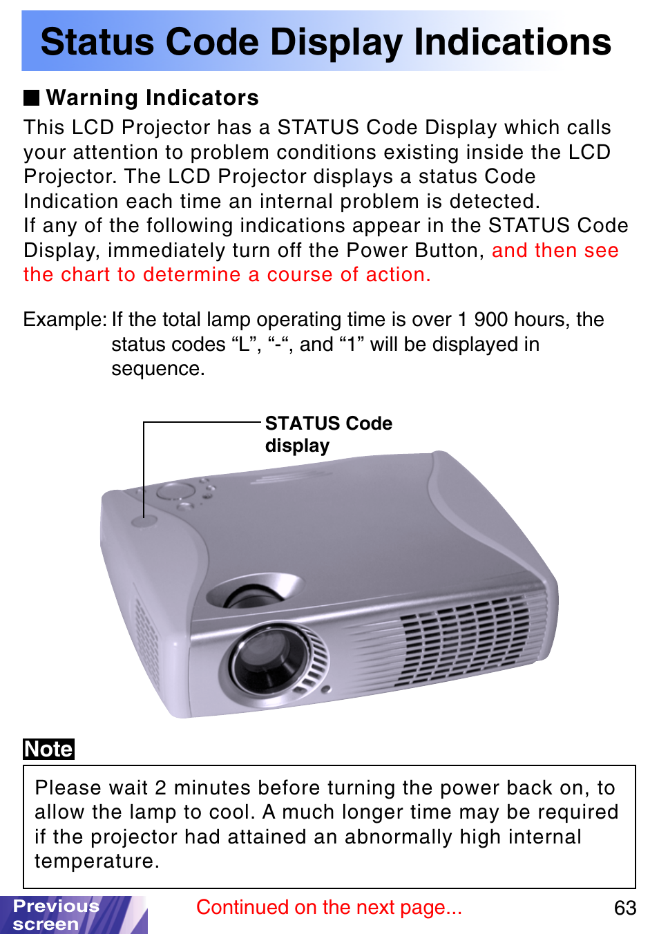 Status code display indications, Status code indicator | JVC LX-P1010ZE User Manual | Page 63 / 79