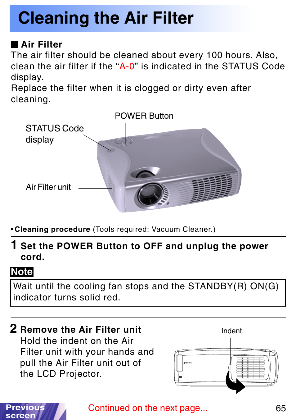 Cleaning the air filter, Air filter | JVC LX-P1010ZE User Manual | Page 65 / 79