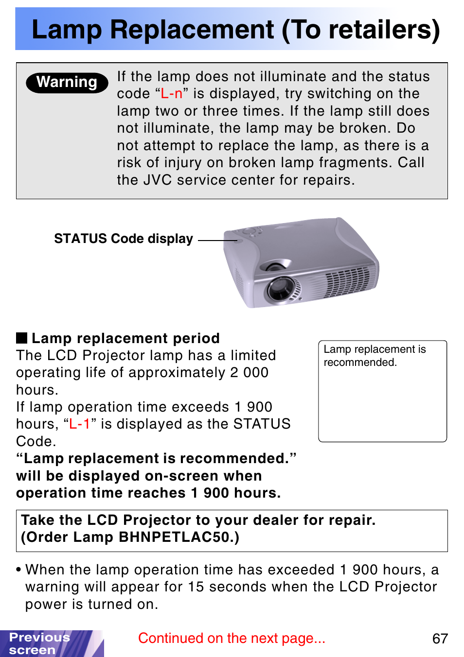 Lamp replacement (to retailers), Lamp replacement period | JVC LX-P1010ZE User Manual | Page 67 / 79
