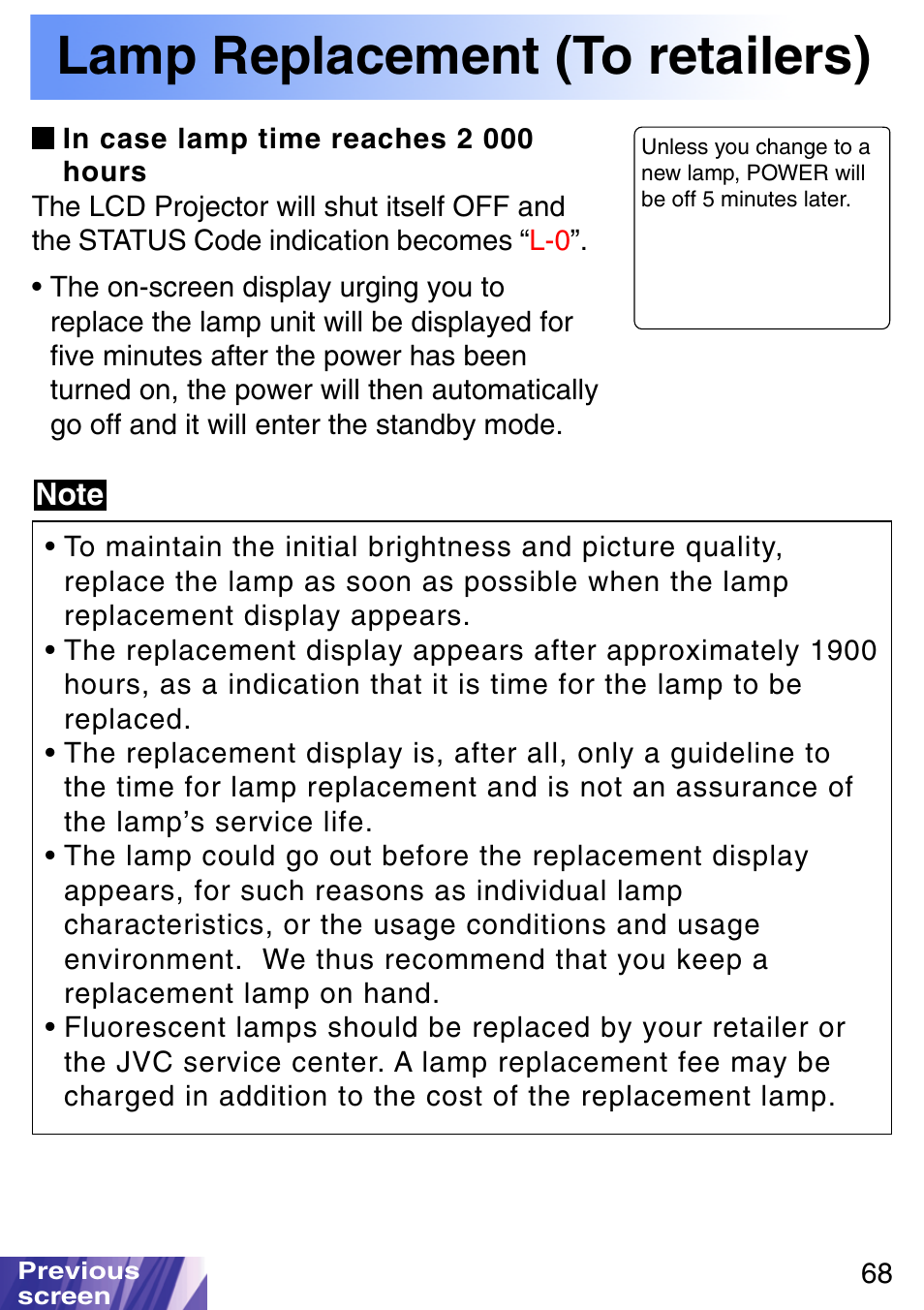 In case lamp time reaches 2 000 hours, Lamp replacement (to retailers) | JVC LX-P1010ZE User Manual | Page 68 / 79