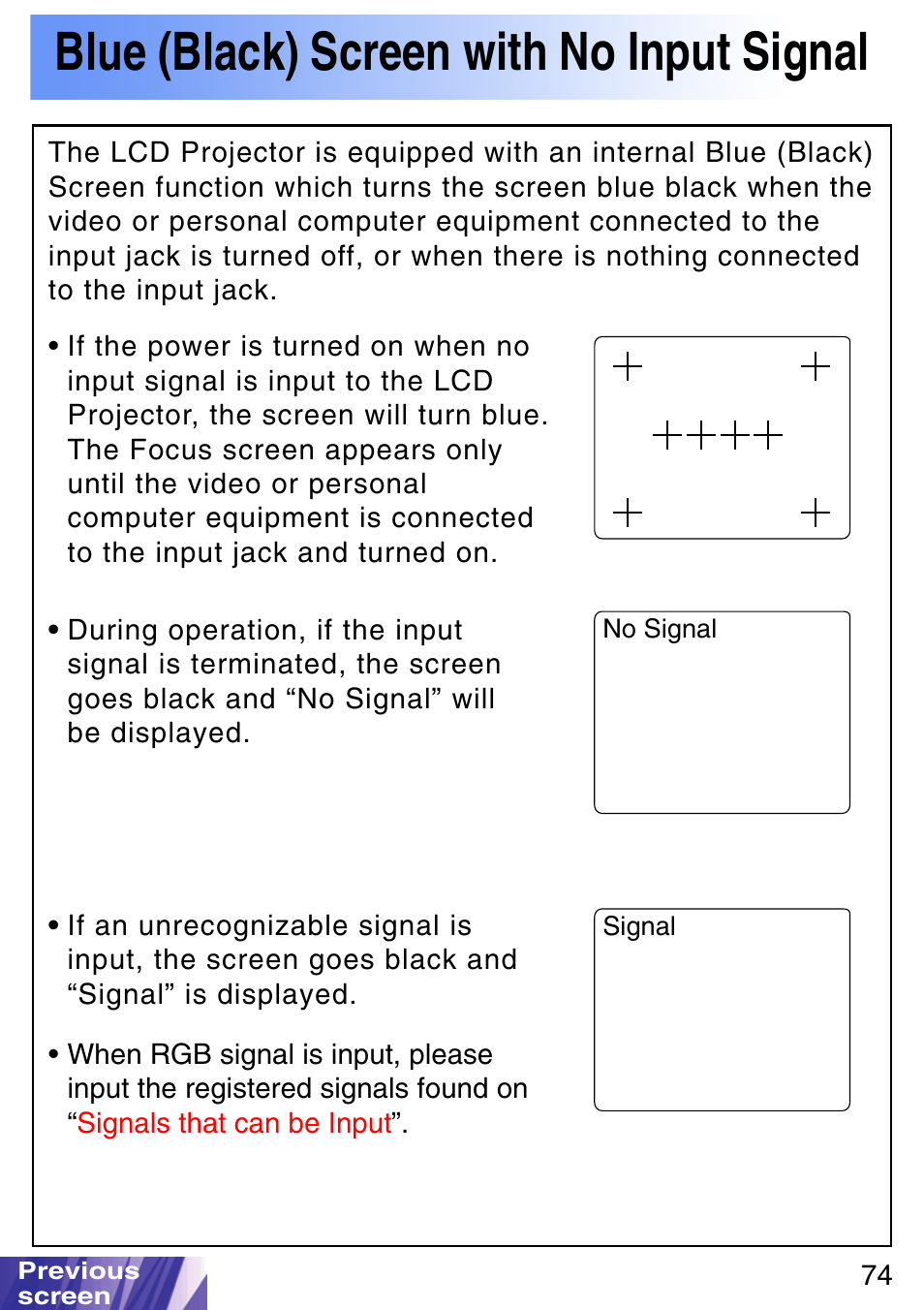 Blue (black) screen with no input signal | JVC LX-P1010ZE User Manual | Page 74 / 79