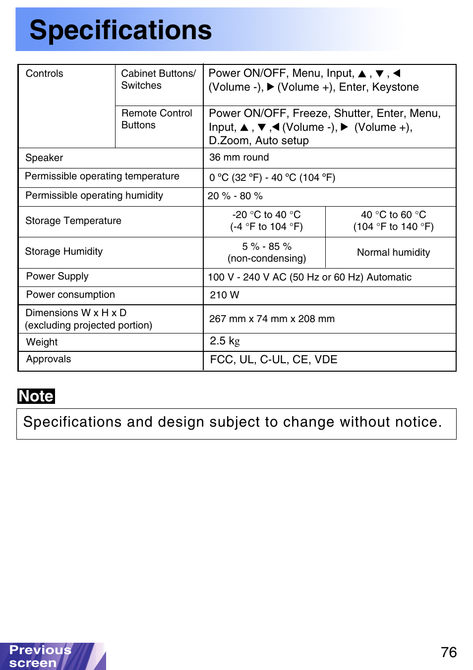 Specifications | JVC LX-P1010ZE User Manual | Page 76 / 79
