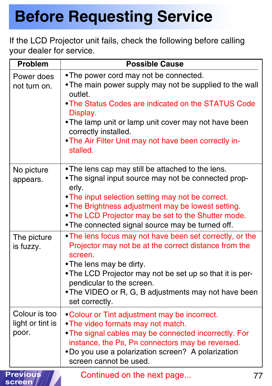 Before requesting service | JVC LX-P1010ZE User Manual | Page 77 / 79