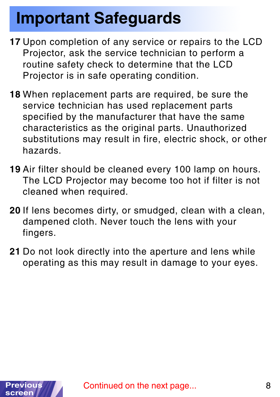 Important safeguards | JVC LX-P1010ZE User Manual | Page 8 / 79