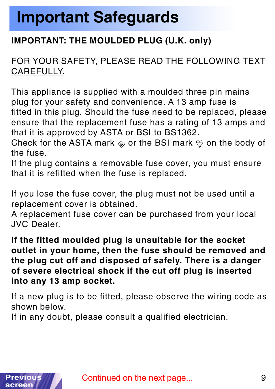Important: the moulded plug (u.k. only), Important safeguards | JVC LX-P1010ZE User Manual | Page 9 / 79