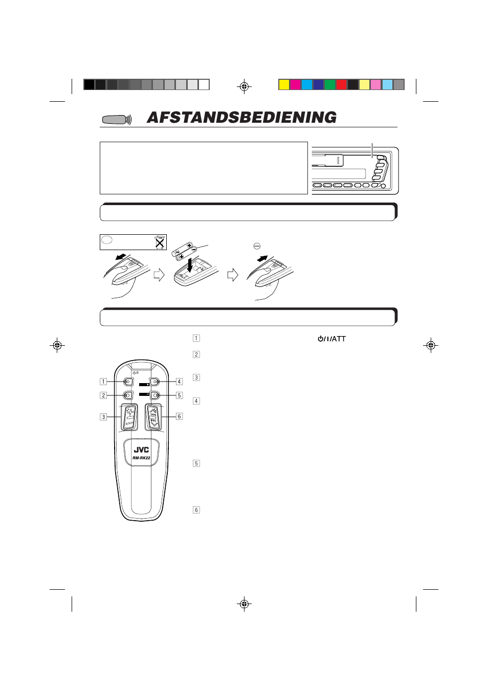 Afstandsbediening, Plaatsen van batterijen, Gebruik van de afstandbediening | JVC F540R User Manual | Page 116 / 122