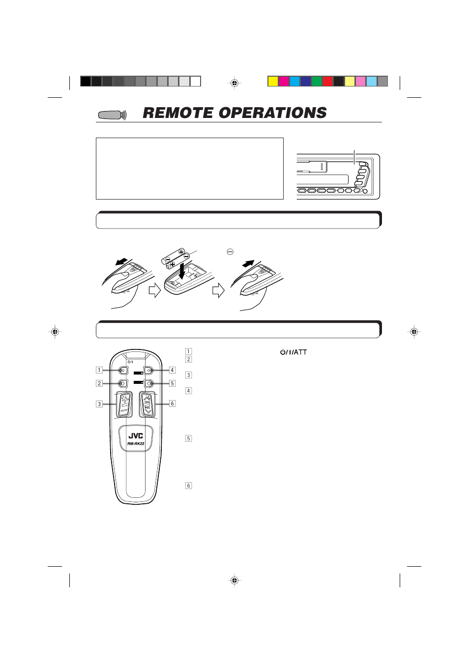 Remote operations, Installing the batteries, Using the remote controller | JVC F540R User Manual | Page 26 / 122
