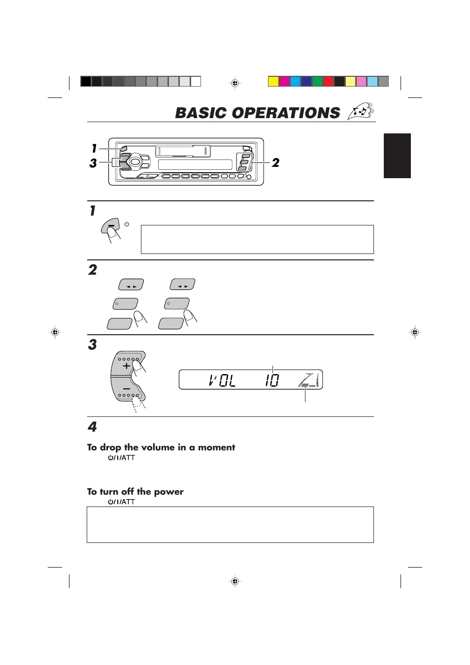 Basic operations, Turn on the power, Select the source | Adjust the volume, Adjust the sound as you want (see pages 19 – 21) | JVC F540R User Manual | Page 3 / 122