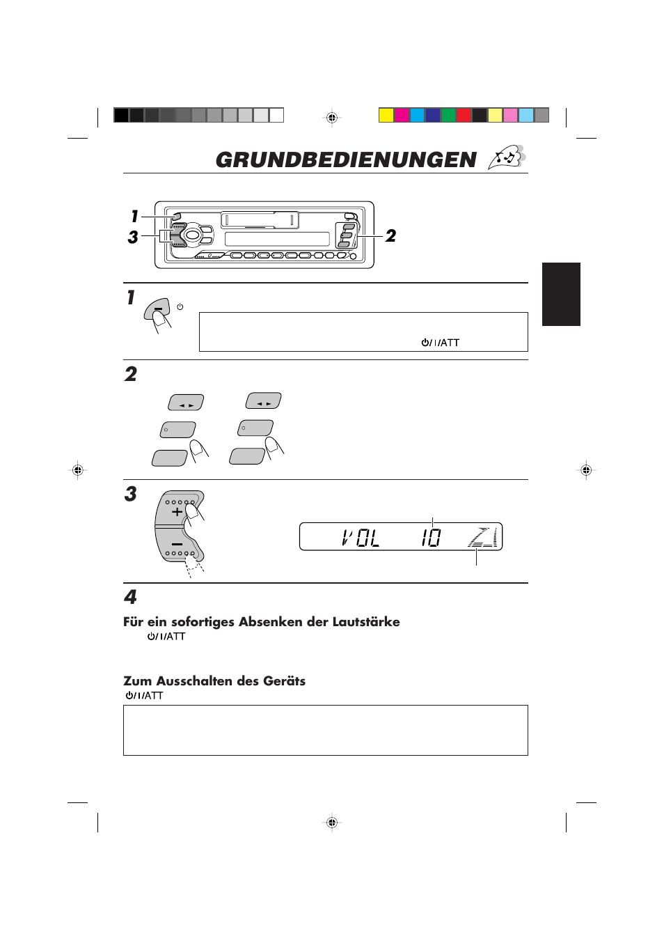 Grundbedienungen, Das gerät einschalten, Die programmquelle abspielen | Die lautstärke einstellen | JVC F540R User Manual | Page 33 / 122