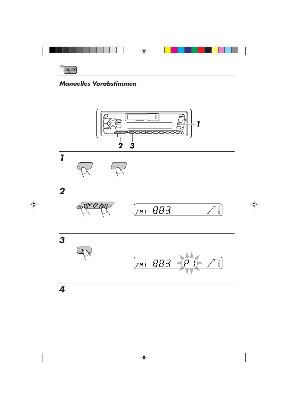 Manuelles vorabstimmen, Die taste länger als 2 sekunde drücken und halten | JVC F540R User Manual | Page 36 / 122
