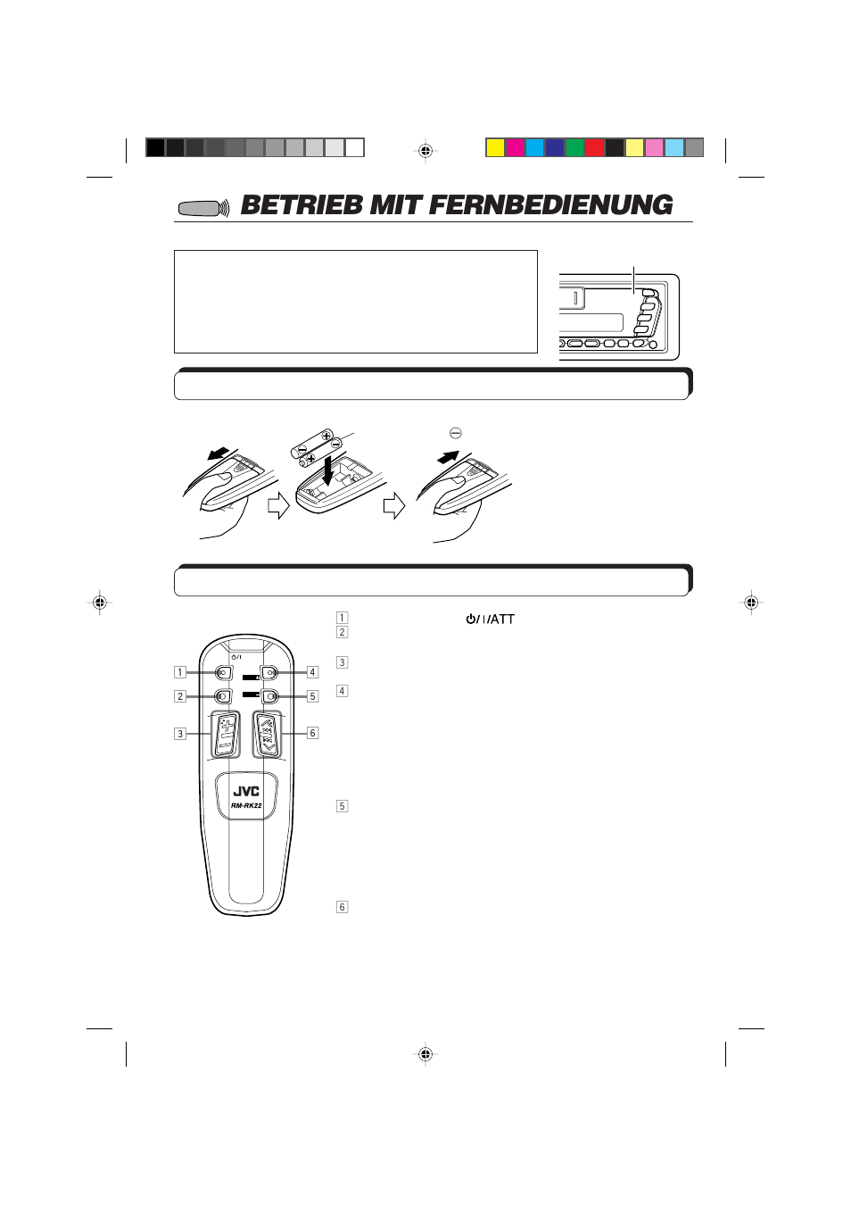 Betrieb mit fernbedienung, Einlegen der batterie, Verwendung der fernbedieneinheit | JVC F540R User Manual | Page 56 / 122