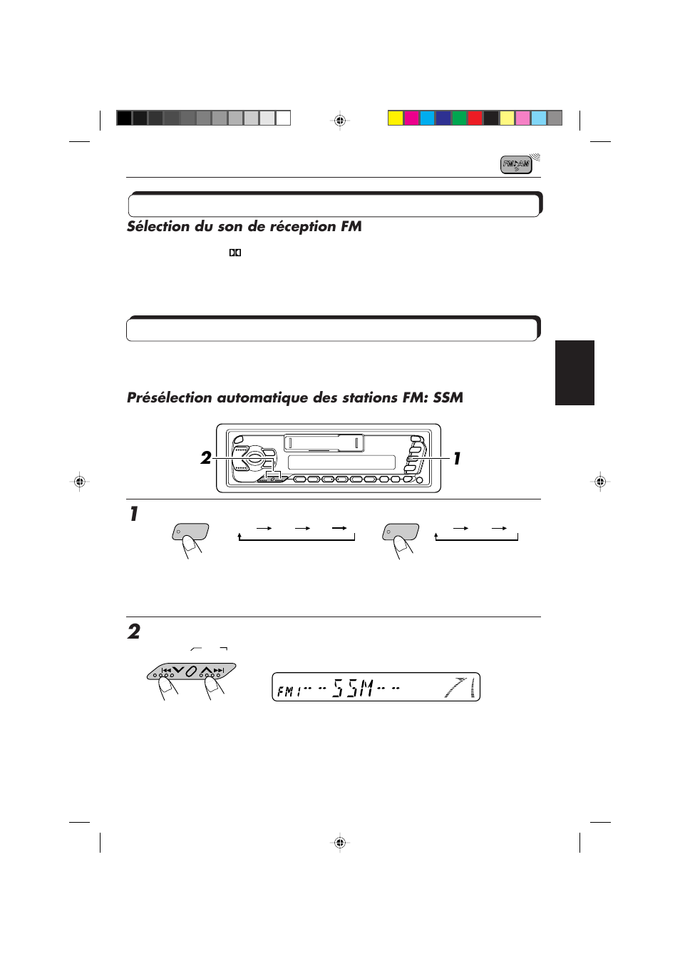 Autres fonctions pratiques du tuner, Mémorisation des stations, Sélection du son de réception fm | Présélection automatique des stations fm: ssm | JVC F540R User Manual | Page 65 / 122