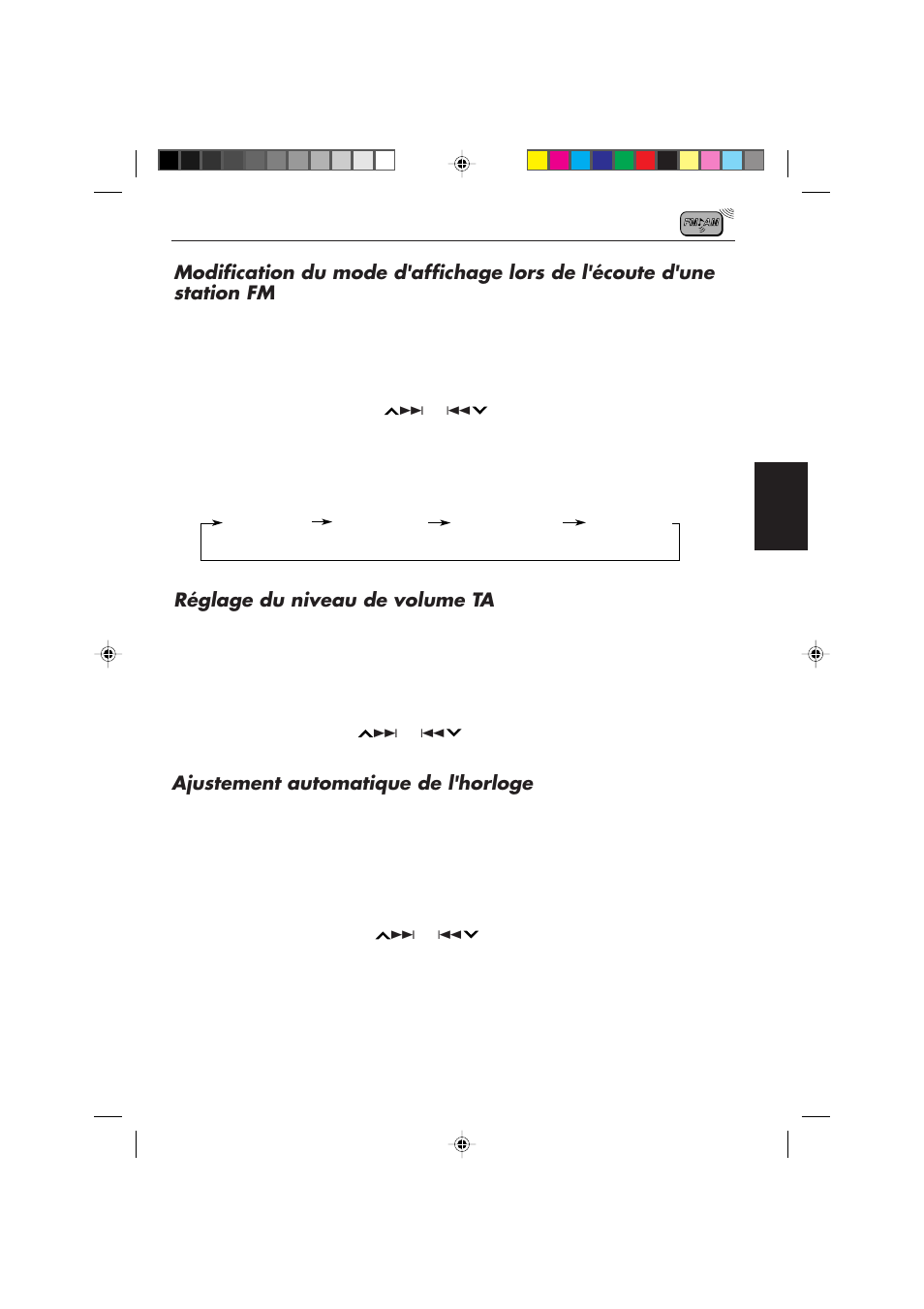 Réglage du niveau de volume ta, Ajustement automatique de l'horloge | JVC F540R User Manual | Page 75 / 122