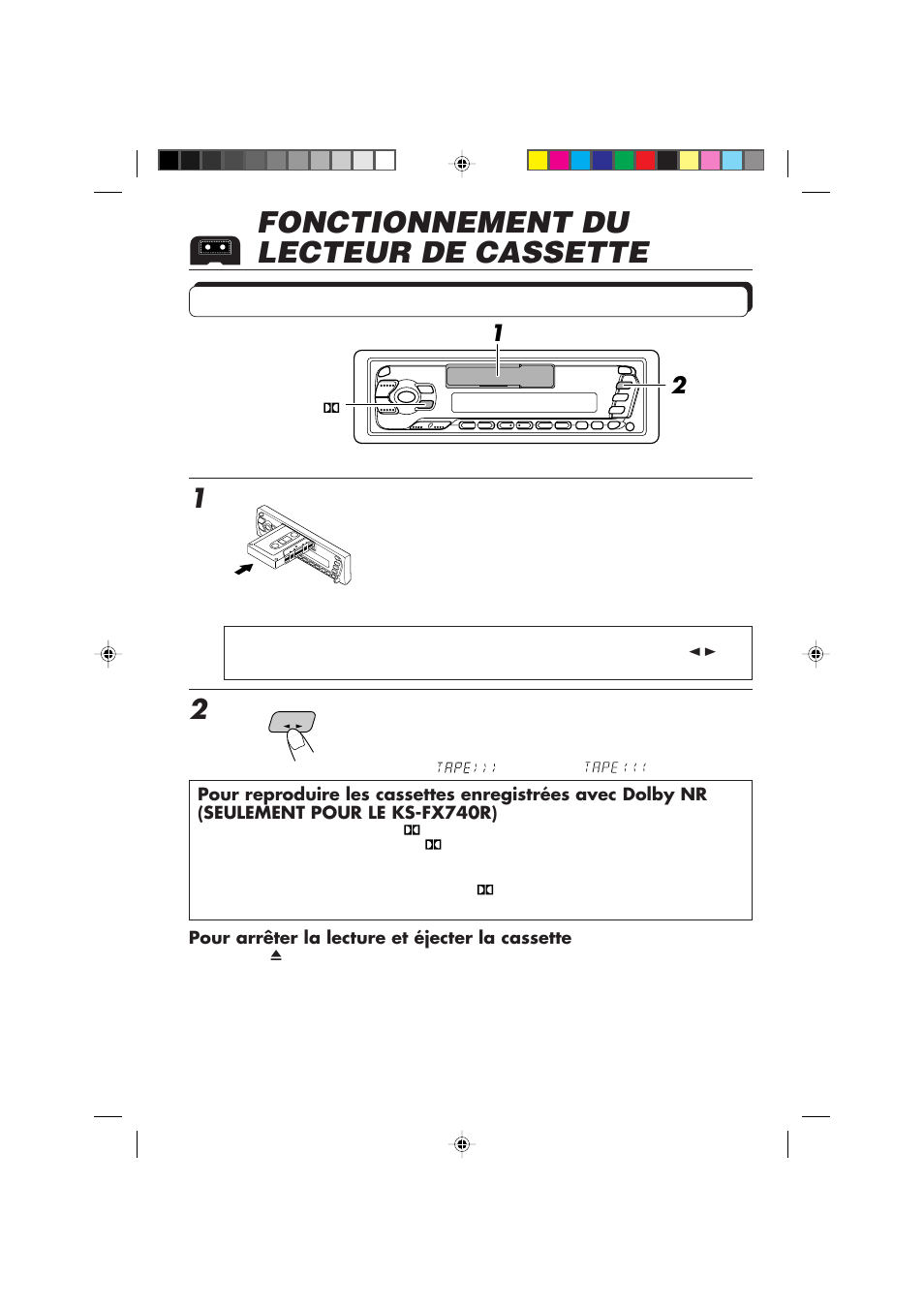 Fonctionnement du lecteur de cassette, Ecoute d'une cassette | JVC F540R User Manual | Page 76 / 122