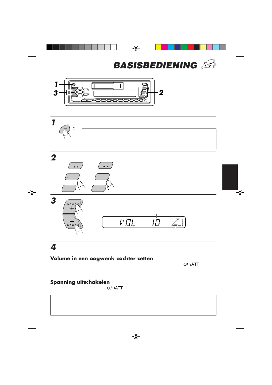 Basisbediening, Schakel de spanning in, Regel het volume | JVC F540R User Manual | Page 93 / 122
