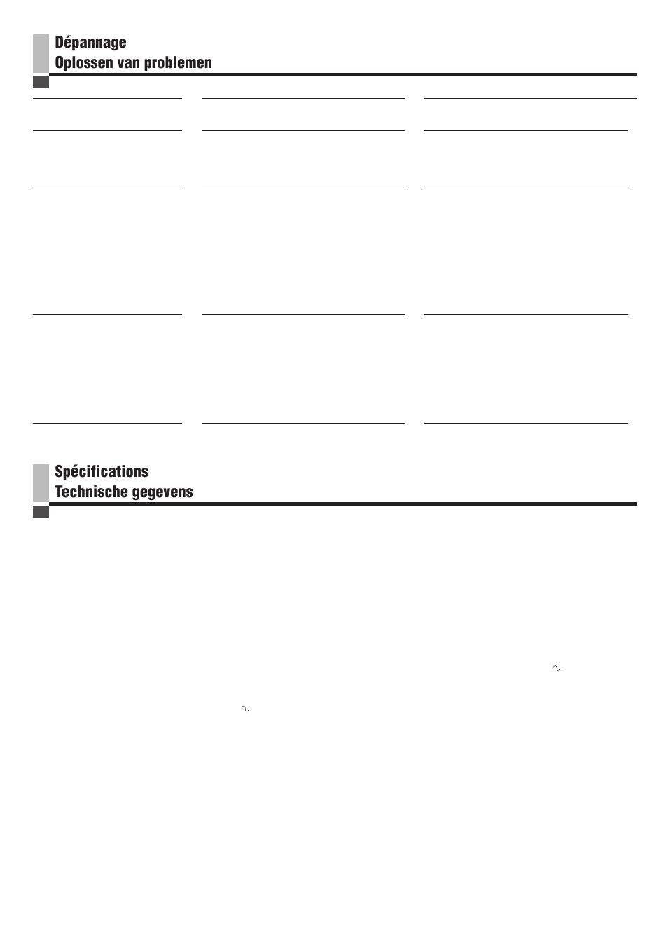 Depannage, Specifications, Dépannage oplossen van problemen | Spécifications technische gegevens | JVC SP-PW100 User Manual | Page 19 / 40