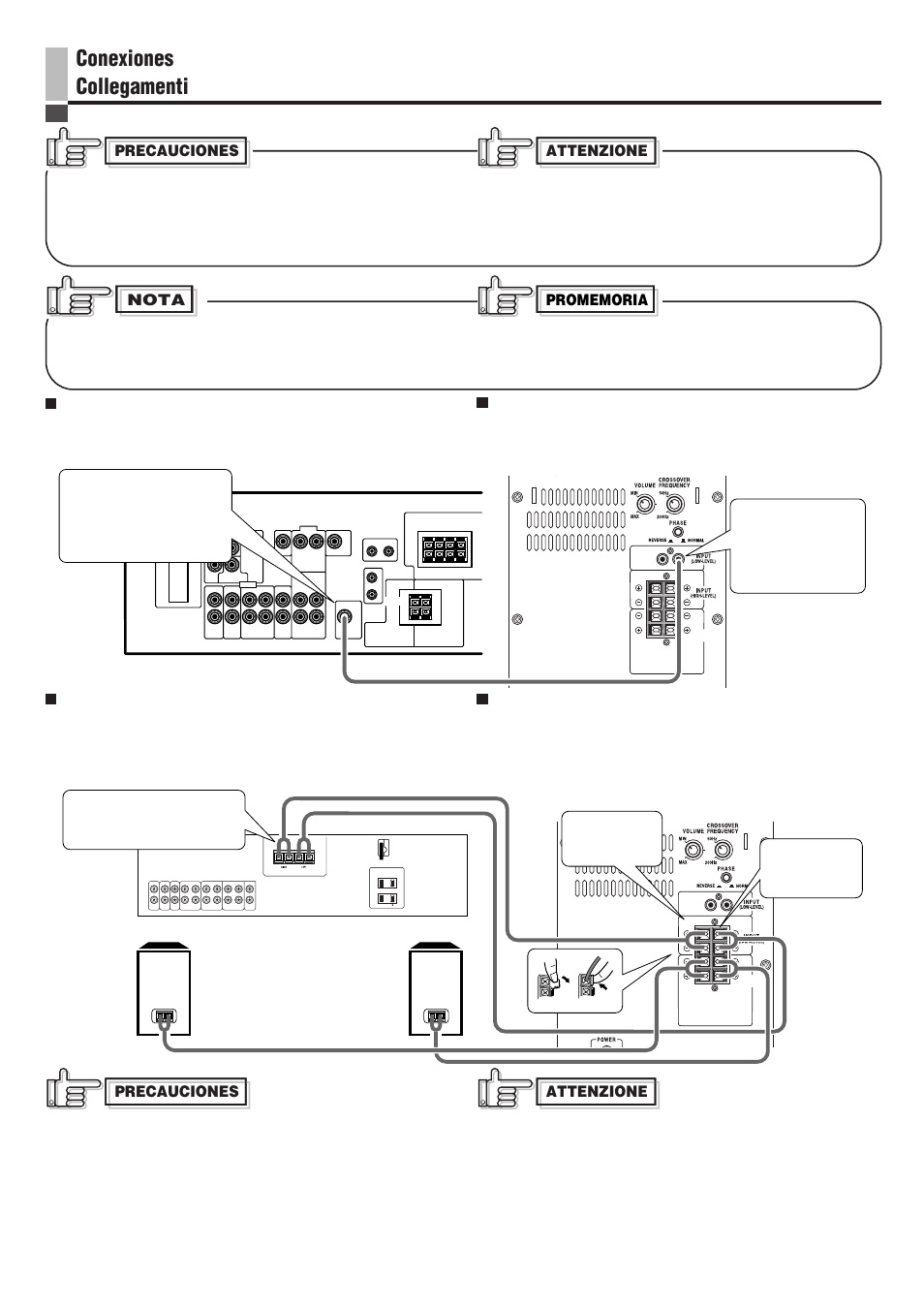 Conexiones collegamenti, Precauciones attenzione, Precauciones nota | JVC SP-PW100 User Manual | Page 22 / 40
