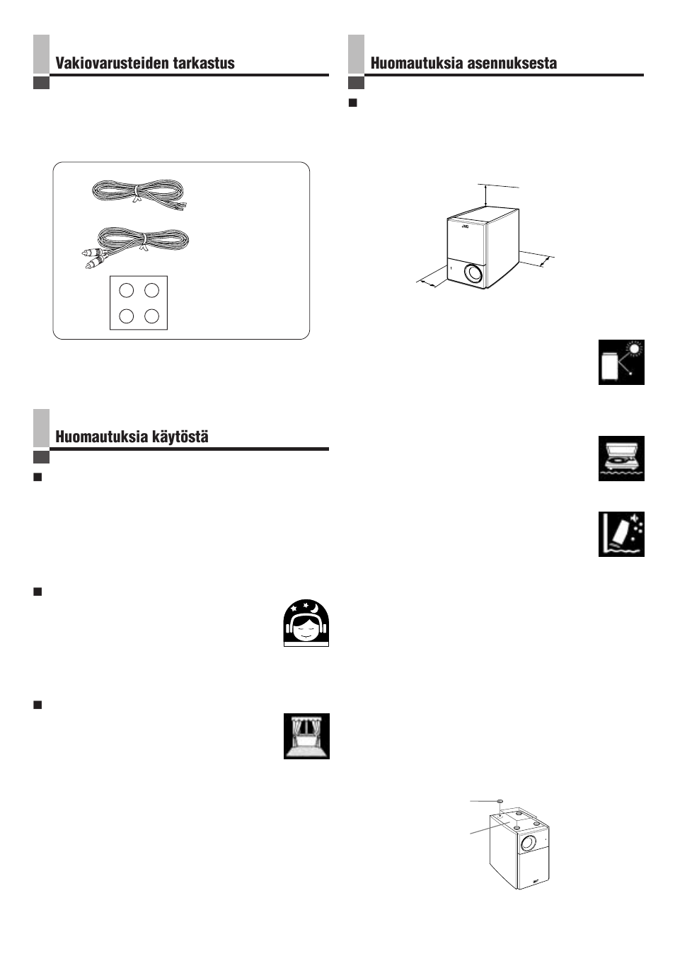 Vakiovarusteiden tarkastus, Huomautuksia käytöstä huomautuksia asennuksesta | JVC SP-PW100 User Manual | Page 32 / 40