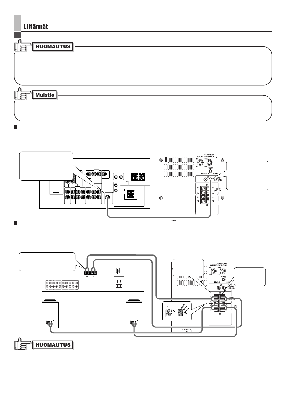 Liitännät, Muistio, Huomautus | Liittäminen vahvistimen kaiuttimen lähtöliittimiin | JVC SP-PW100 User Manual | Page 34 / 40