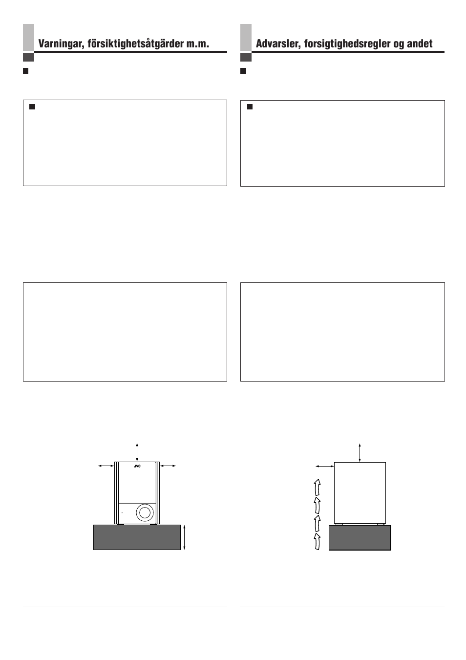 Advarsler, forsigtighedsregler og andet, Varningar, försiktighetsåtgärder m.m | JVC SP-PW100 User Manual | Page 5 / 40