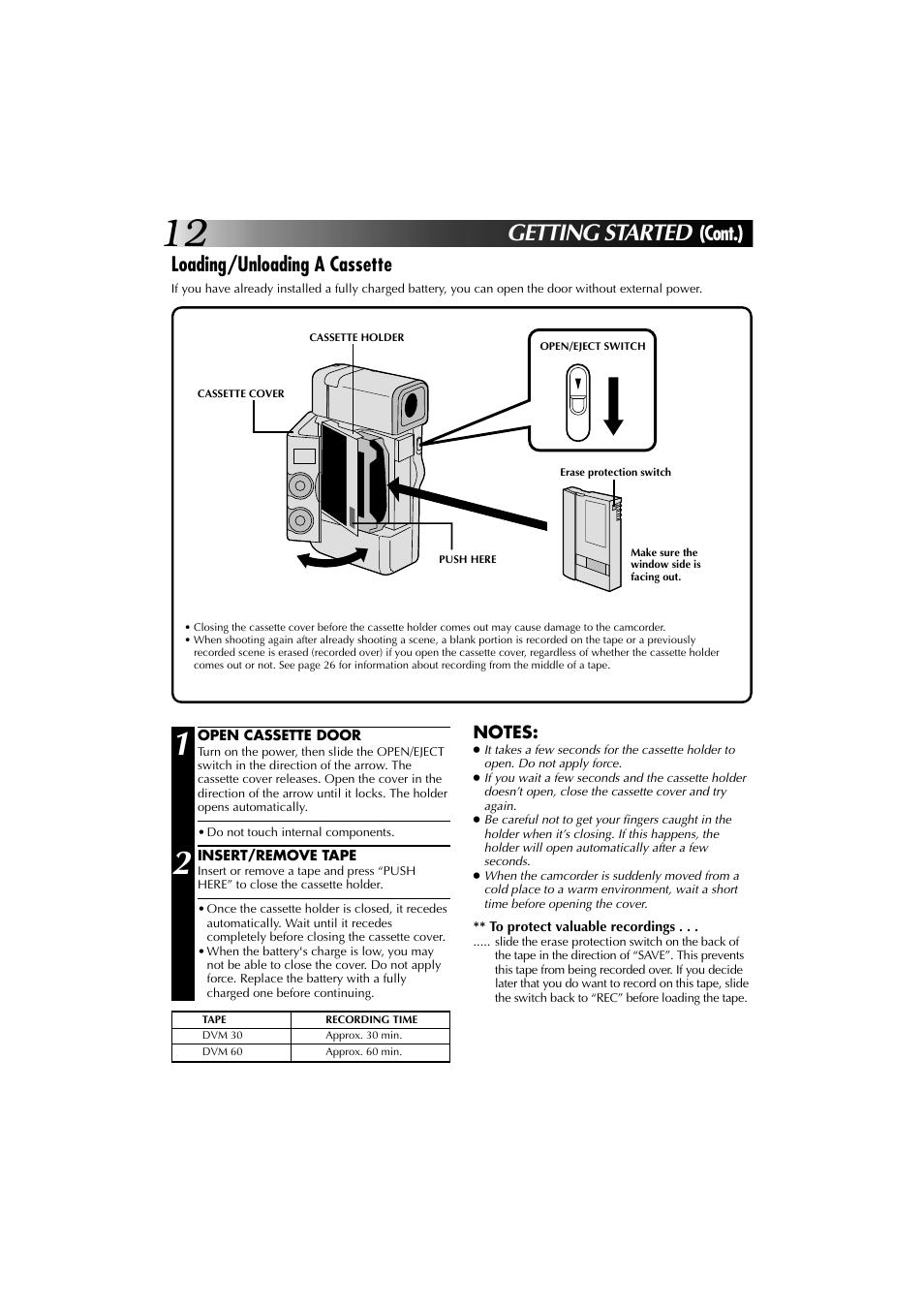 Getting started, Loading/unloading a cassette, Cont.) | JVC YU30052-625-1 User Manual | Page 12 / 72