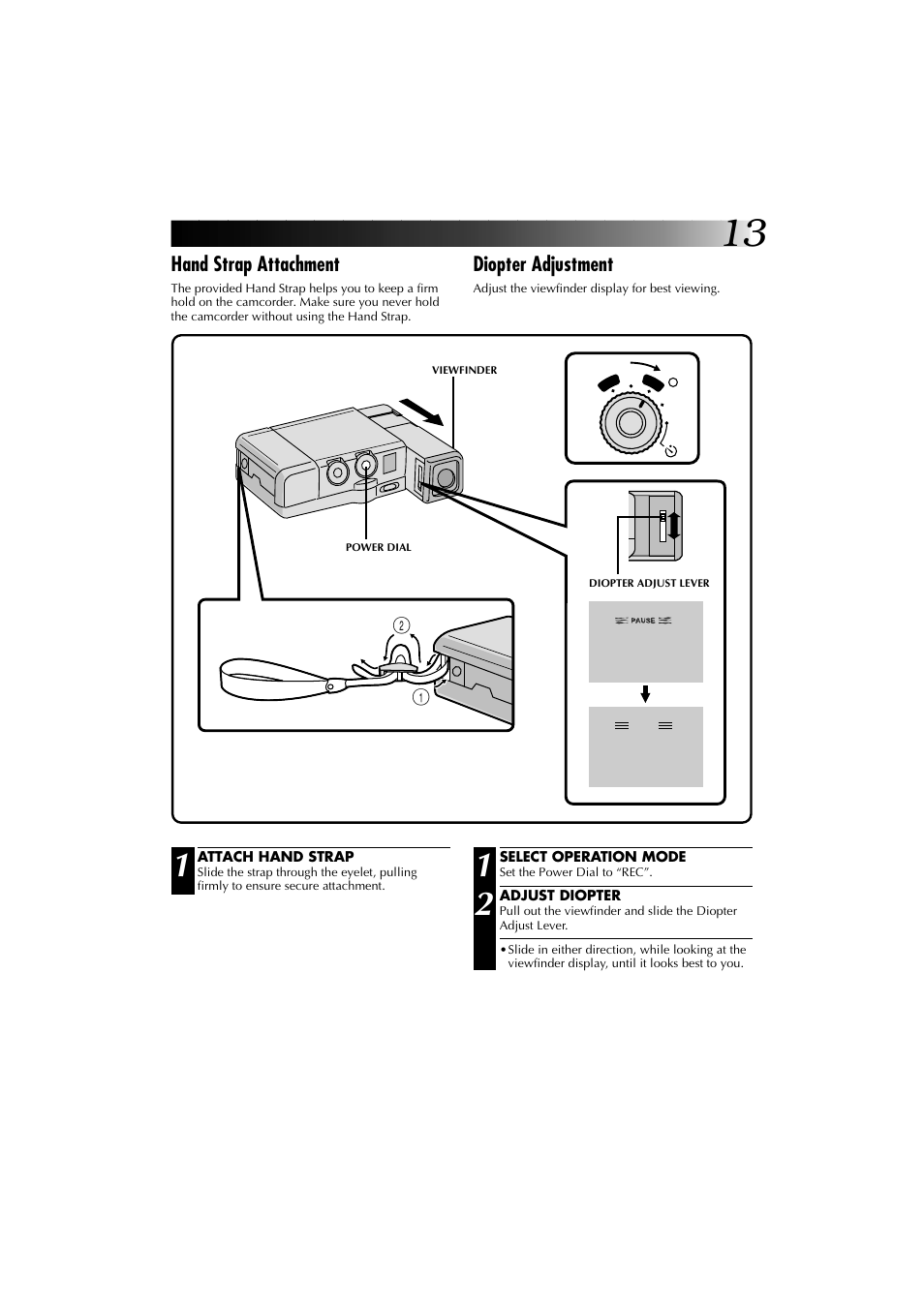 Hand strap attachment, Diopter adjustment | JVC YU30052-625-1 User Manual | Page 13 / 72