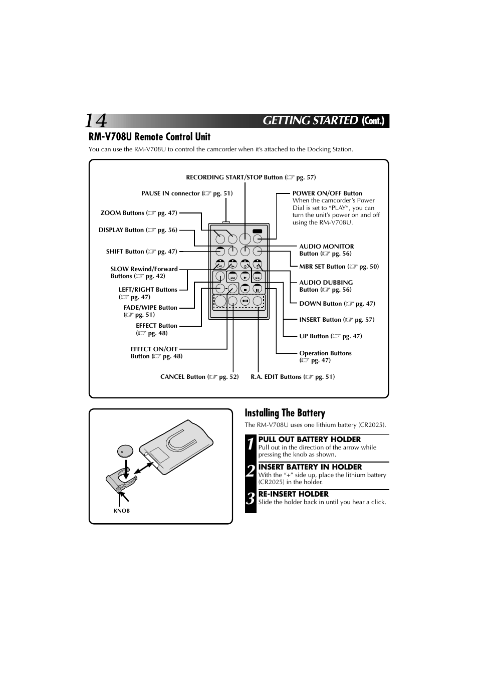 Getting started, Rm-v708u remote control unit, Installing the battery | Cont.) | JVC YU30052-625-1 User Manual | Page 14 / 72