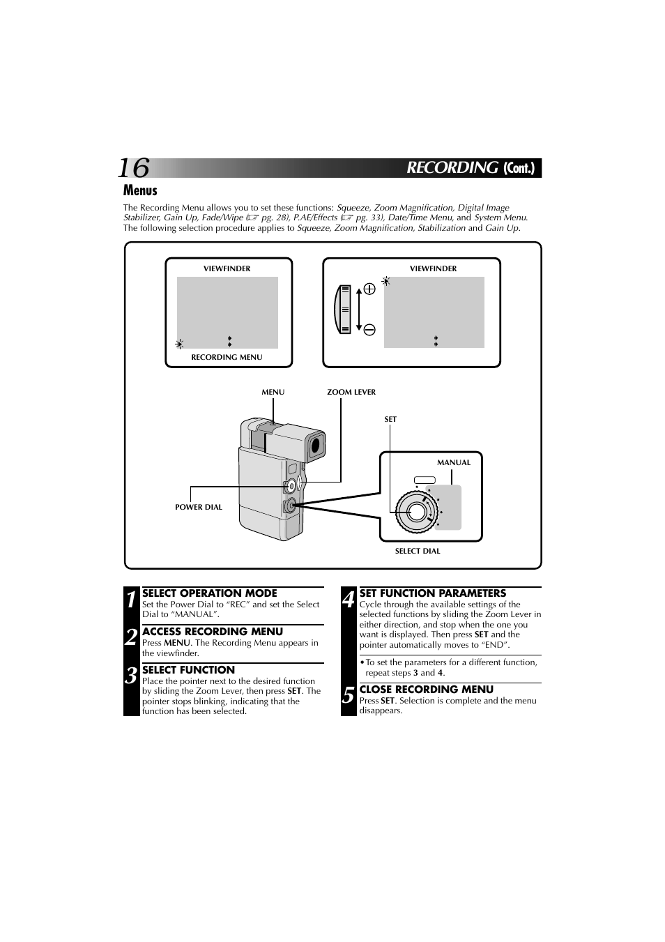 Recording, Cont.), Menus | JVC YU30052-625-1 User Manual | Page 16 / 72