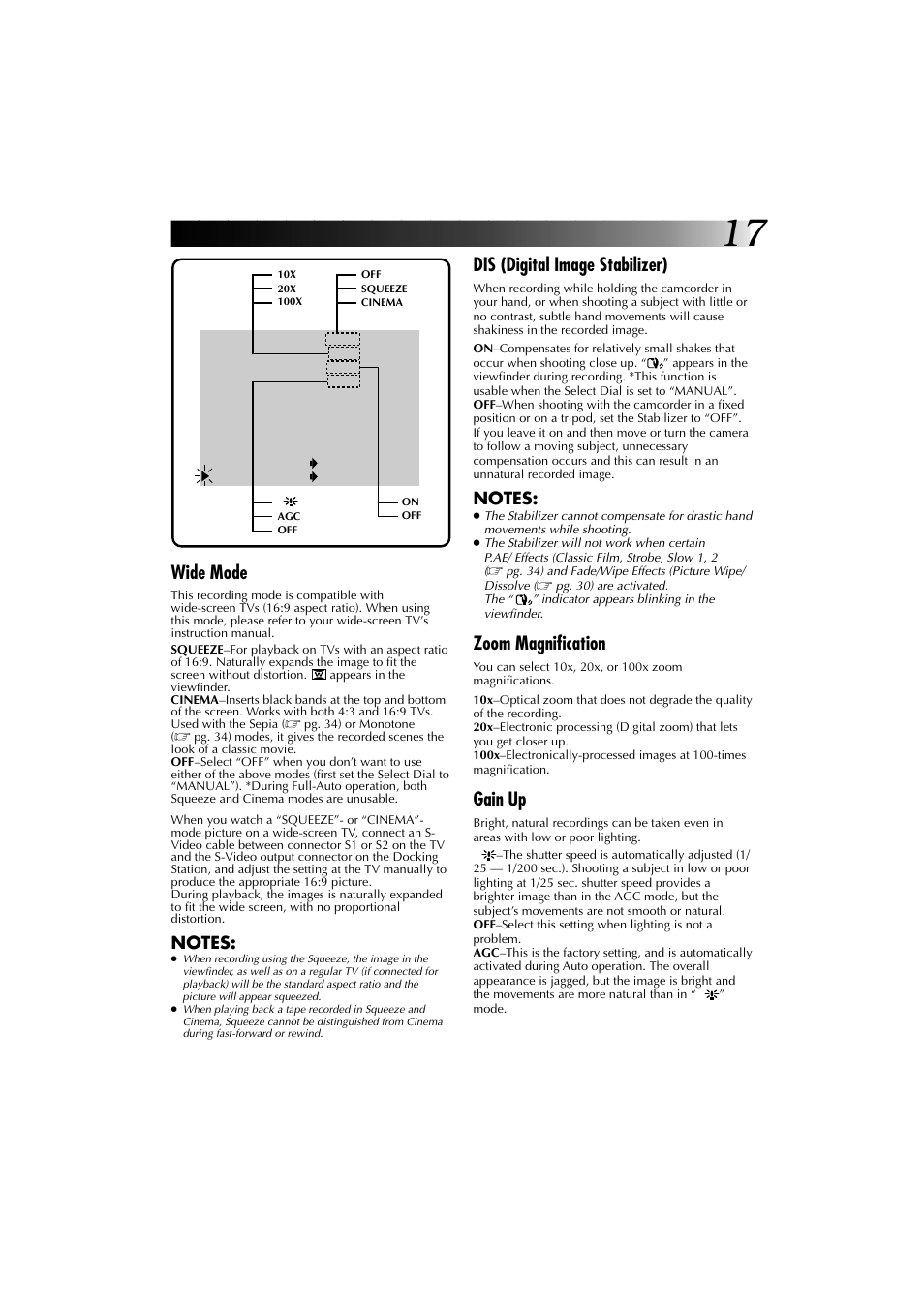 Dis (digital image stabilizer), Zoom magnification, Gain up | Wide mode | JVC YU30052-625-1 User Manual | Page 17 / 72