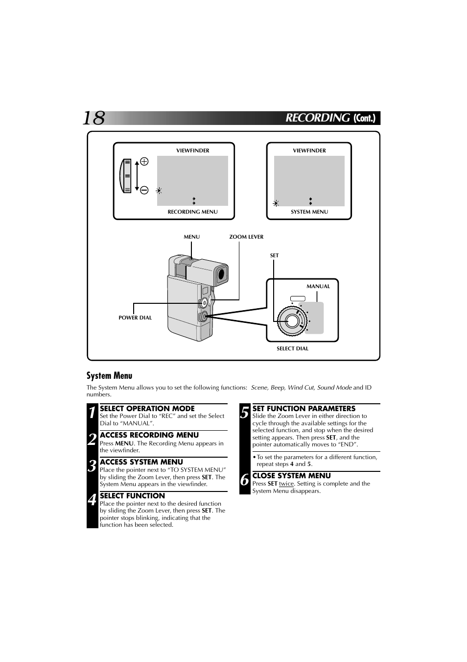 Recording, Cont.), System menu | JVC YU30052-625-1 User Manual | Page 18 / 72