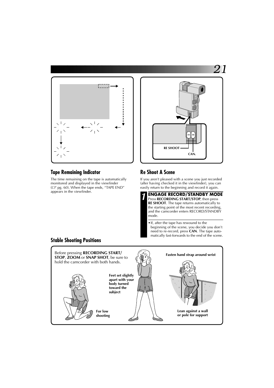 Tape remaining indicator, Re shoot a scene, Stable shooting positions | JVC YU30052-625-1 User Manual | Page 21 / 72