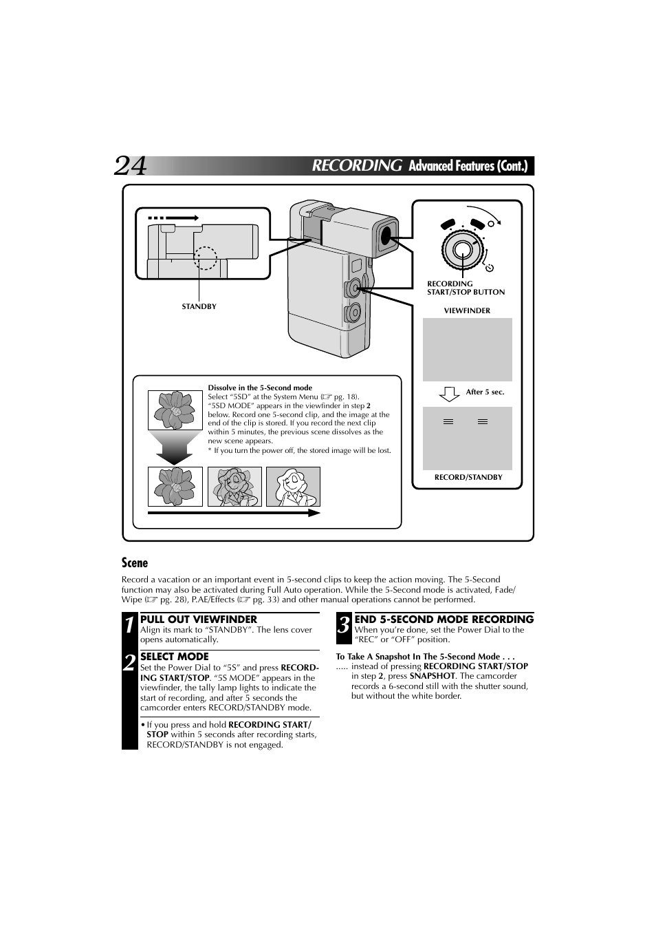 Recording, Advanced features (cont.), Scene | JVC YU30052-625-1 User Manual | Page 24 / 72