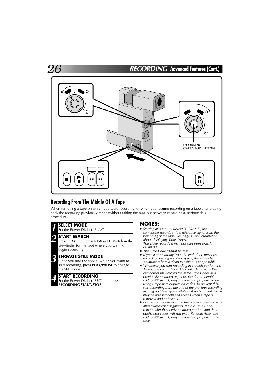 Recording, Advanced features (cont.), Recording from the middle of a tape | JVC YU30052-625-1 User Manual | Page 26 / 72