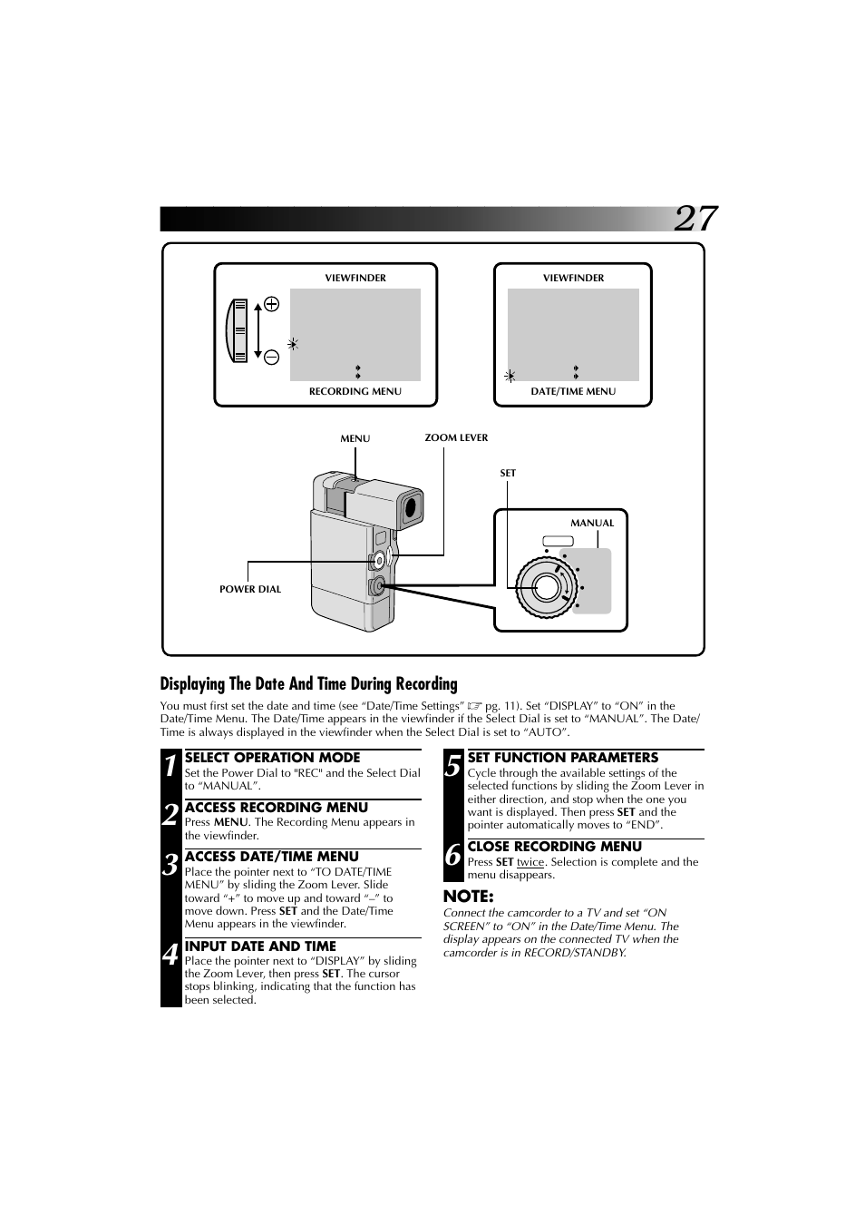 Displaying the date and time during recording | JVC YU30052-625-1 User Manual | Page 27 / 72