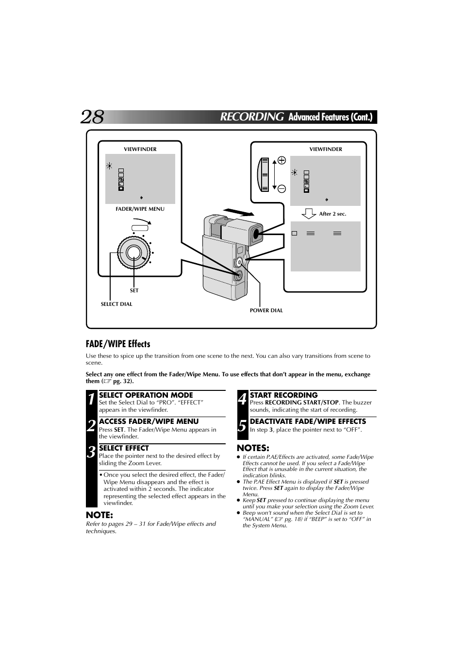 Recording, Advanced features (cont.), Fade/wipe effects | JVC YU30052-625-1 User Manual | Page 28 / 72