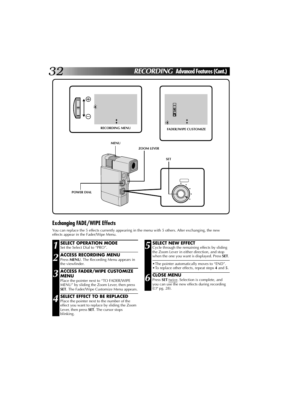 Recording, Advanced features (cont.), Exchanging fade/wipe effects | JVC YU30052-625-1 User Manual | Page 32 / 72