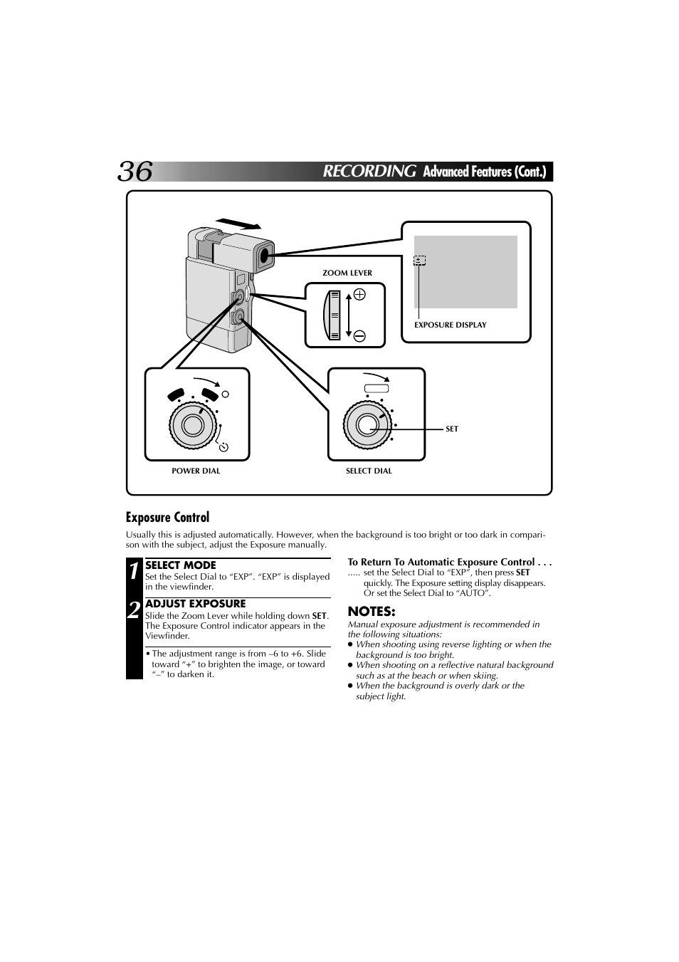 Recording, Advanced features (cont.), Exposure control | JVC YU30052-625-1 User Manual | Page 36 / 72