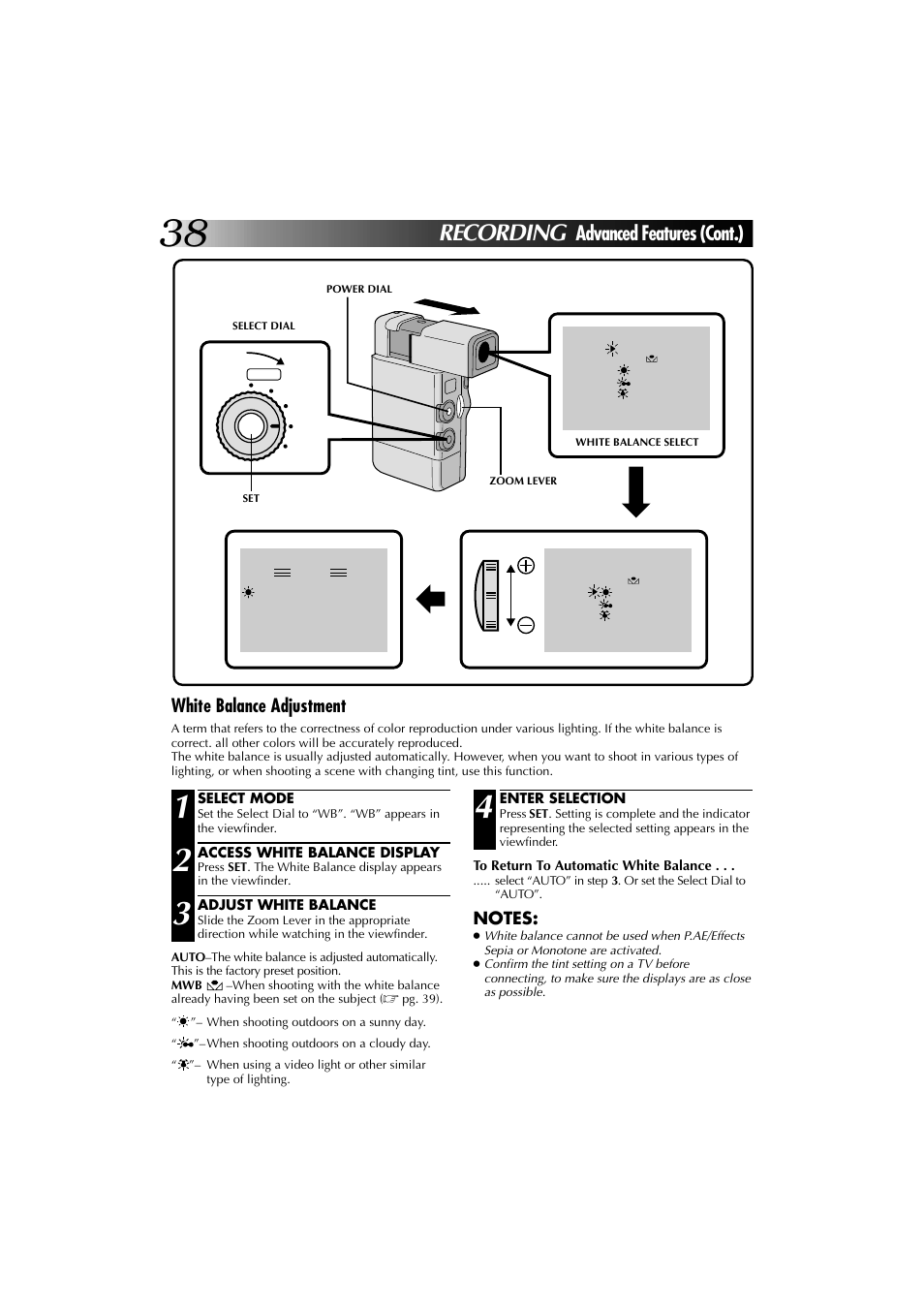 Recording, Advanced features (cont.), White balance adjustment | JVC YU30052-625-1 User Manual | Page 38 / 72