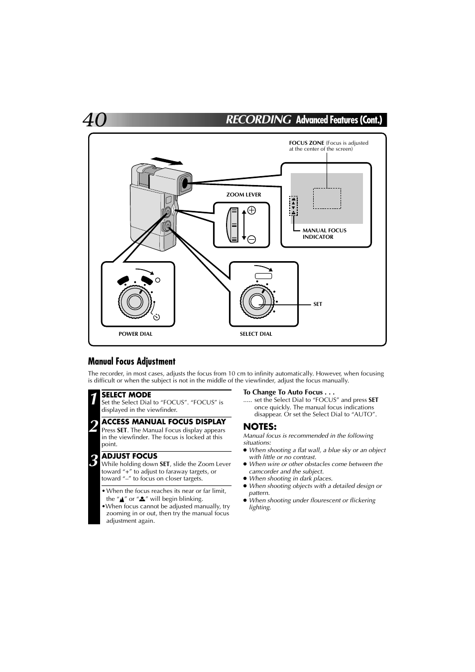 Recording, Advanced features (cont.), Manual focus adjustment | JVC YU30052-625-1 User Manual | Page 40 / 72