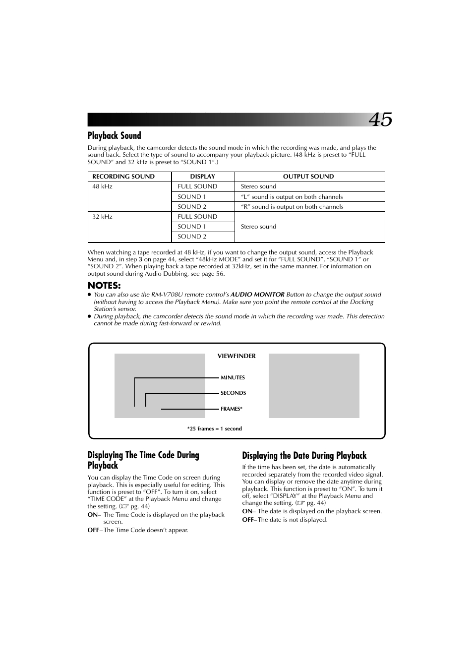 Playback sound, Displaying the time code during playback, Displaying the date during playback | JVC YU30052-625-1 User Manual | Page 45 / 72