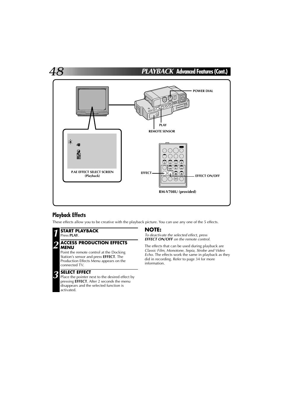 Playback, Advanced features (cont.), Playback effects | JVC YU30052-625-1 User Manual | Page 48 / 72