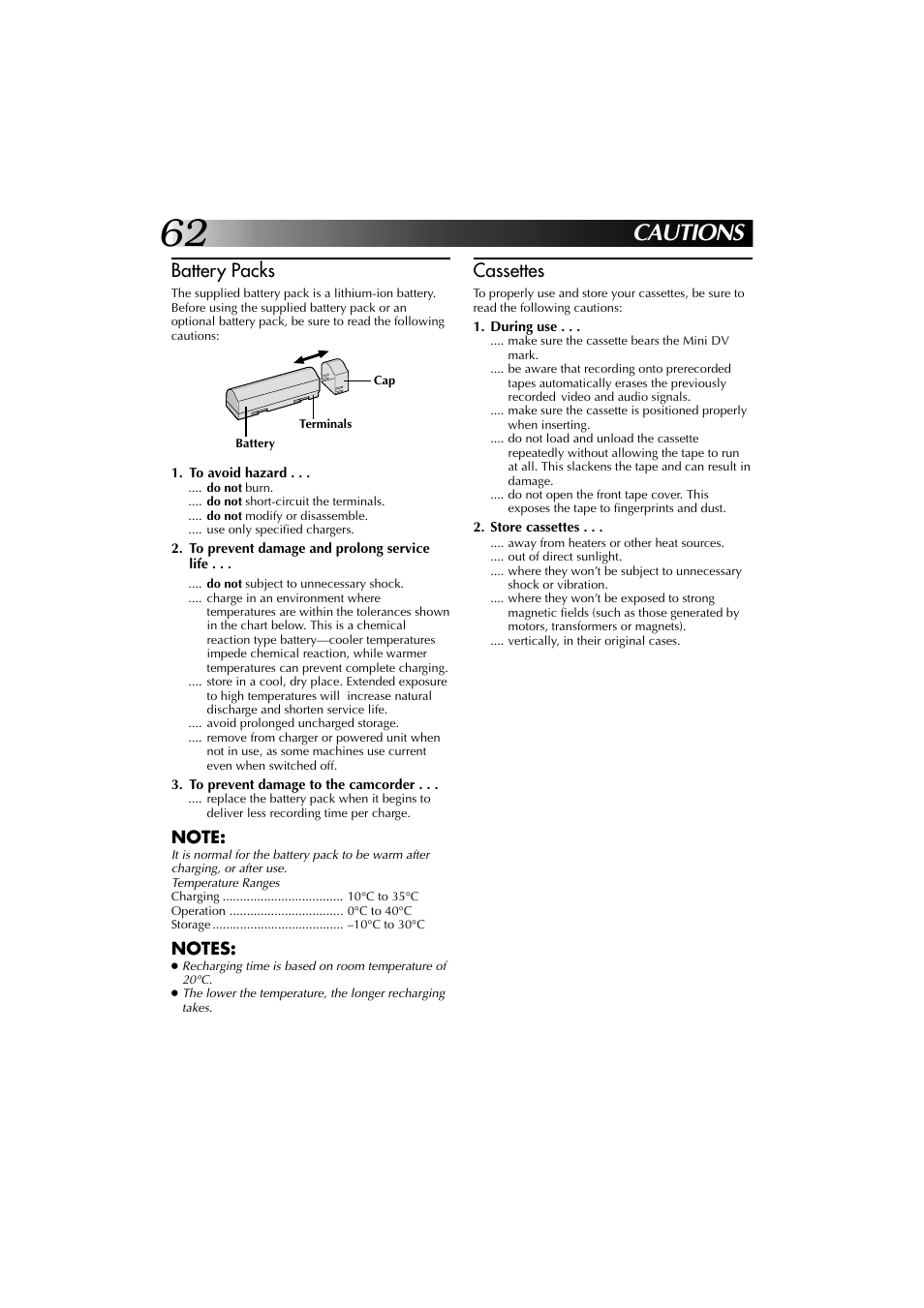 Cautions, Battery packs, Cassettes | JVC YU30052-625-1 User Manual | Page 62 / 72