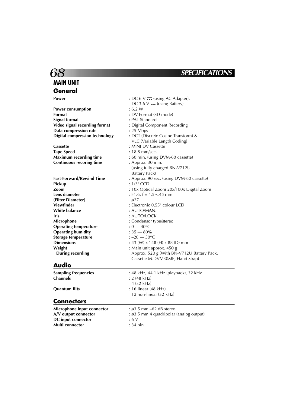 Specifications, Main unit, General | Audio, Connectors | JVC YU30052-625-1 User Manual | Page 68 / 72