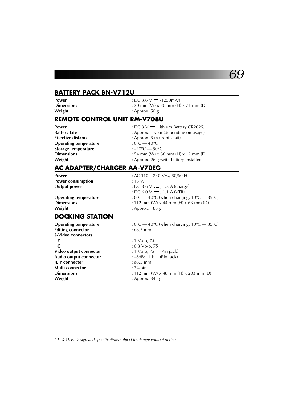 Battery pack bn-v712u, Remote control unit rm-v708u, Ac adapter/charger aa-v70eg | Docking station | JVC YU30052-625-1 User Manual | Page 69 / 72