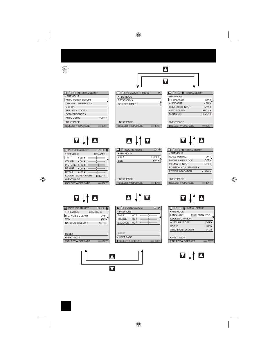 Onscreen menus, Press the m, Button | Clock/timers, Initial setup 03, Initial setup 02, Initial setup 01, Sound adjust 02 to initial setup 04 | JVC AV 56WP94 User Manual | Page 32 / 88
