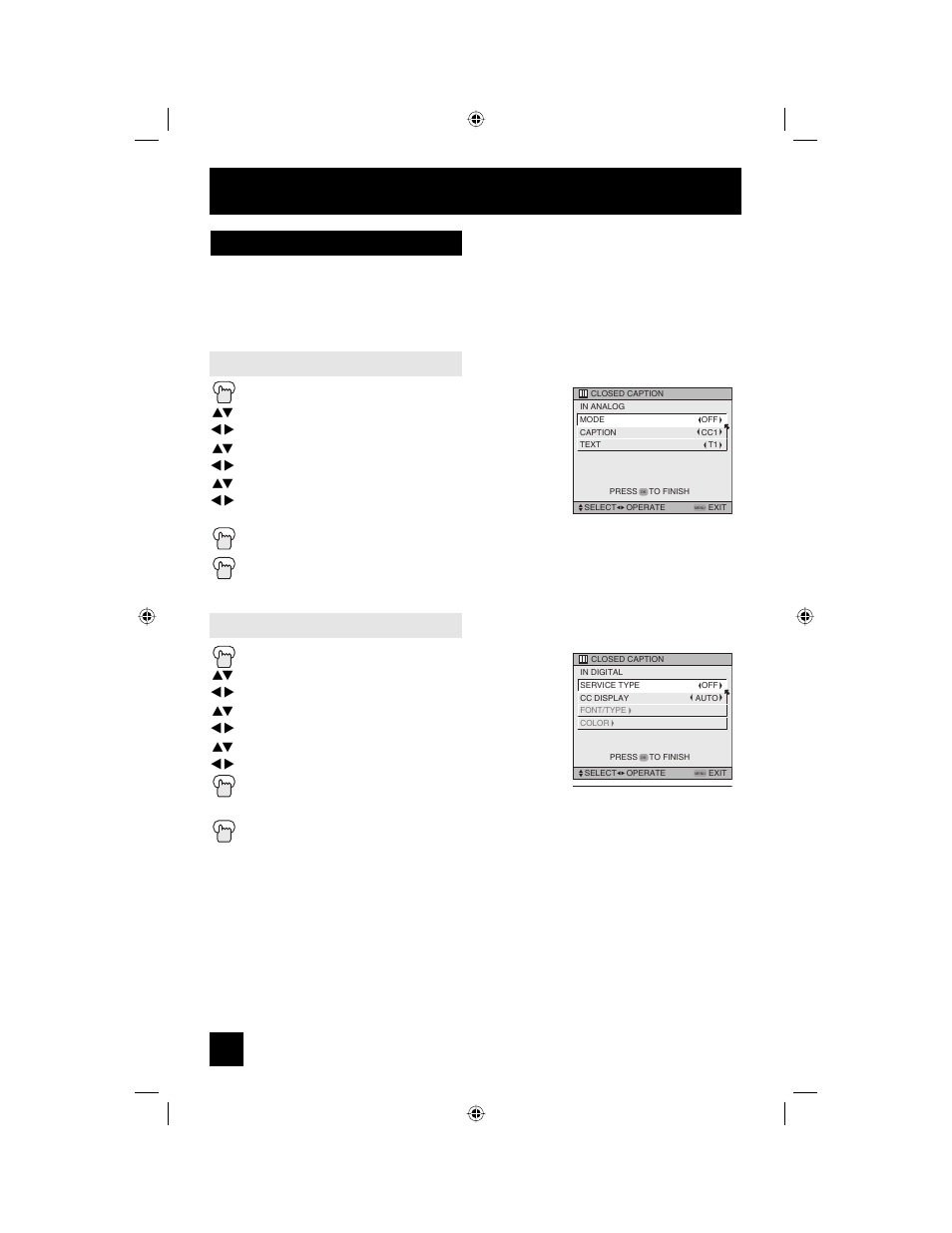 Closed caption, Initial setup, Analog setting digital auto setting | JVC AV 56WP94 User Manual | Page 44 / 88
